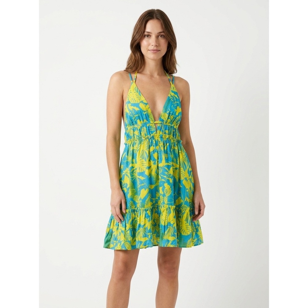 Popvil Tropical Monstera Print‎ Halter Beach Cover Up Mini Dress Yellow Blue L